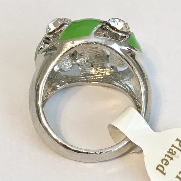 Vintage Green Enamel Cocktail Ring Silver Plated Crystal Rhinestone Size 8 Boho - Picture 8 of 10